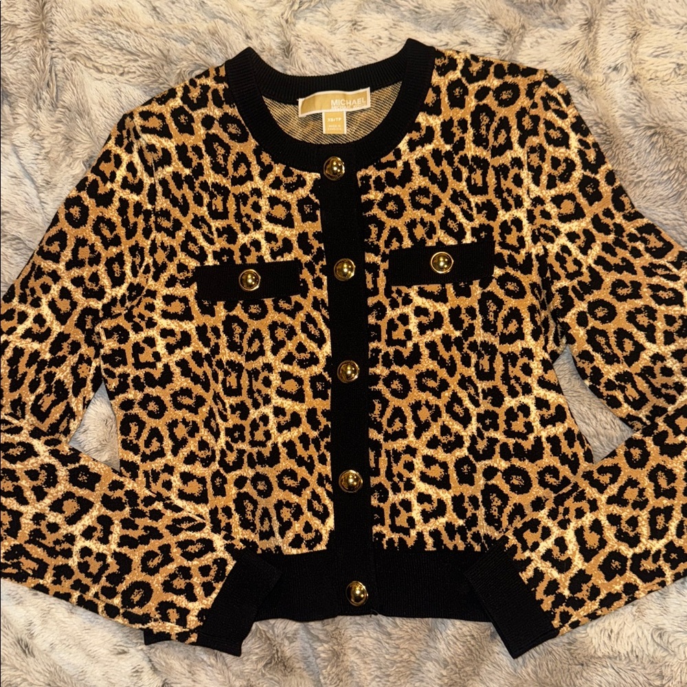 MICHAEL KORS Leopard Print Cardigan with Gold Buttons